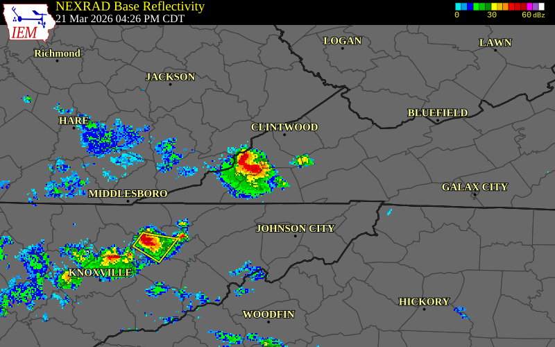 NEXRAD radar during the Saturday, March 21, 2026 storm activity in Scott County, Virginia