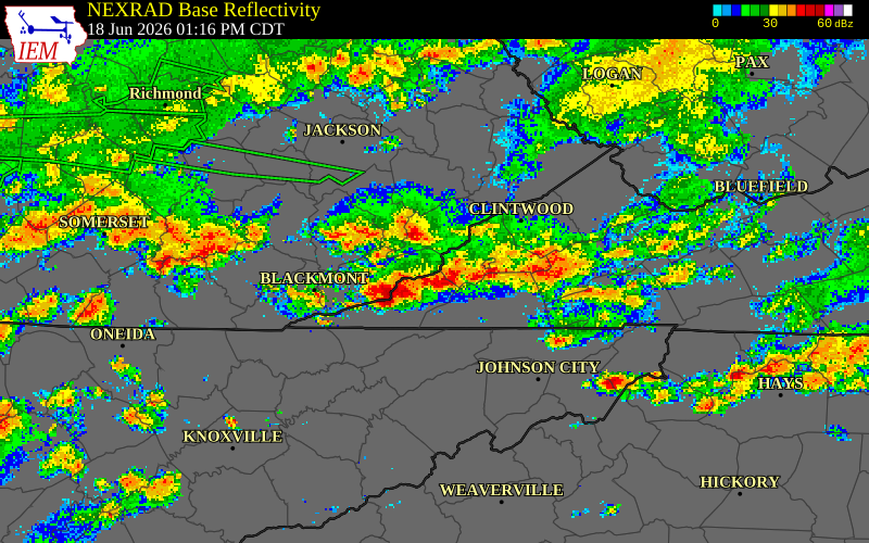 NEXRAD radar during the Thursday, June 18, 2026 storm activity in Scott County, Virginia