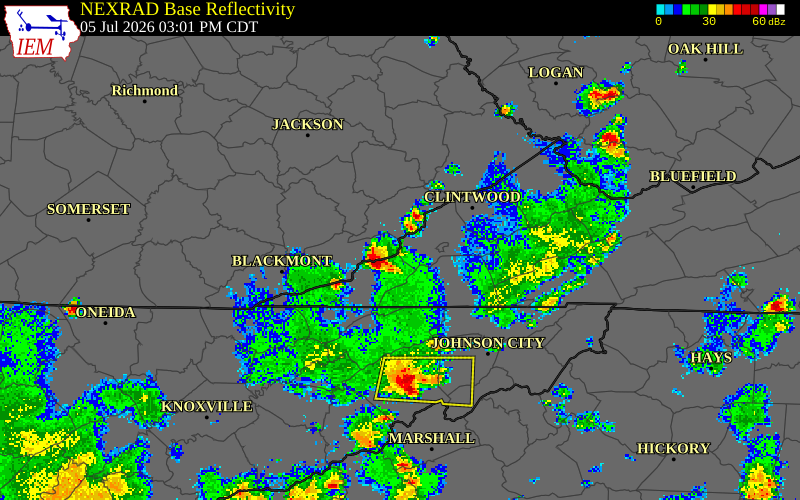 NEXRAD radar during the Sunday, July 5, 2026 storm activity in Scott County, Virginia