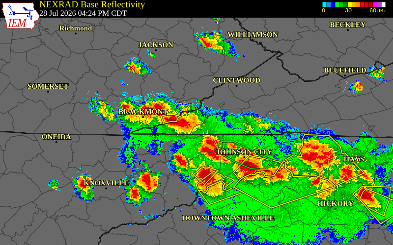 NEXRAD radar during the Tuesday, July 28, 2026 storm activity in Scott County, Virginia