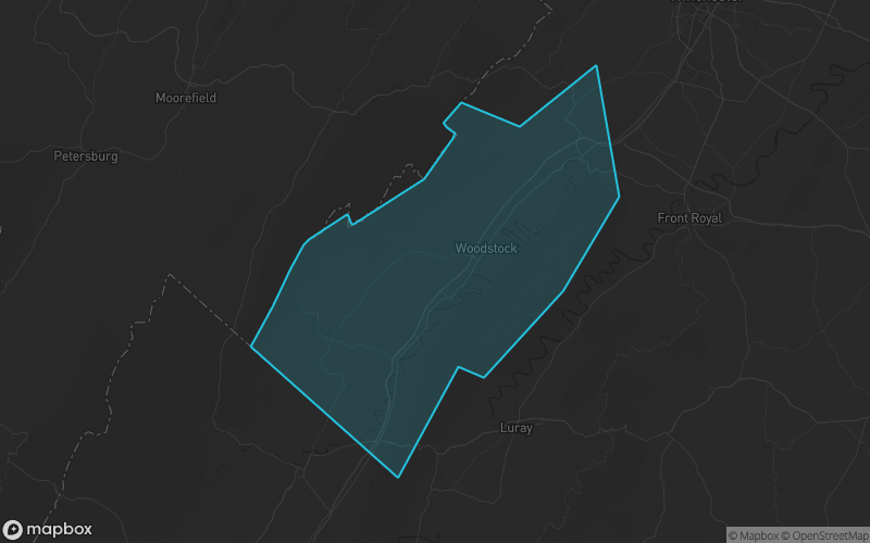 Map of Shenandoah County, Virginia showing the county boundary and surrounding cities