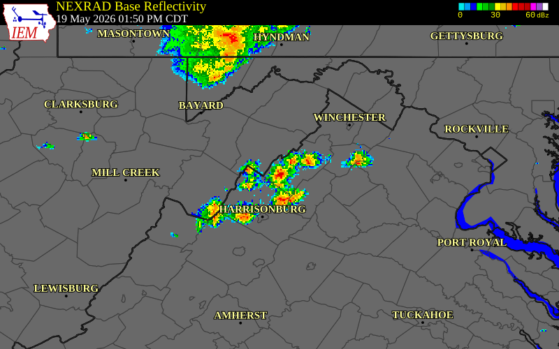 NEXRAD radar during the Tuesday, May 19, 2026 storm activity in Shenandoah County, Virginia