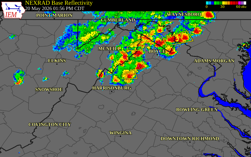 NEXRAD radar during the Wednesday, May 20, 2026 storm activity in Shenandoah County, Virginia