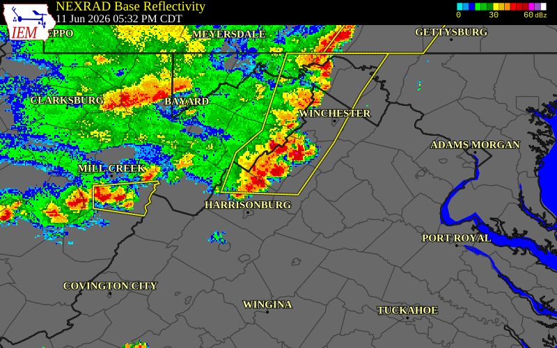 NEXRAD radar during the Thursday, June 11, 2026 storm activity in Shenandoah County, Virginia