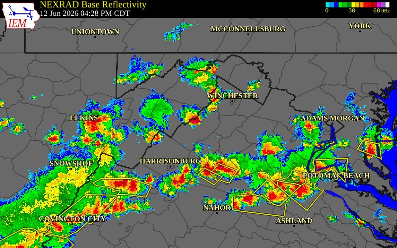 NEXRAD radar during the Friday, June 12, 2026 storm activity in Shenandoah County, Virginia