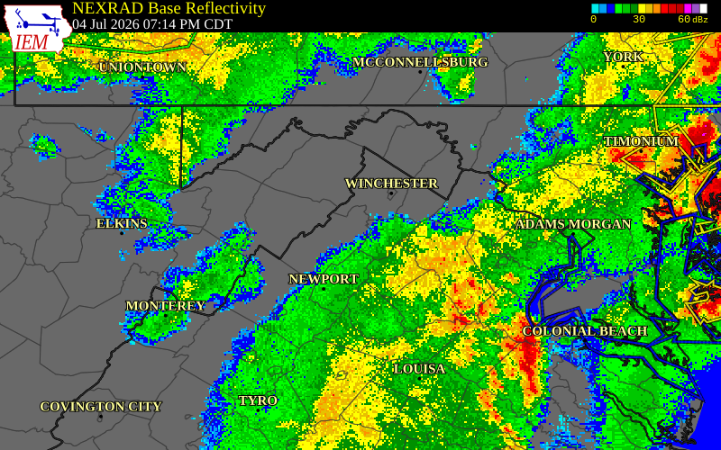 NEXRAD radar during the Saturday, July 4, 2026 storm activity in Shenandoah County, Virginia