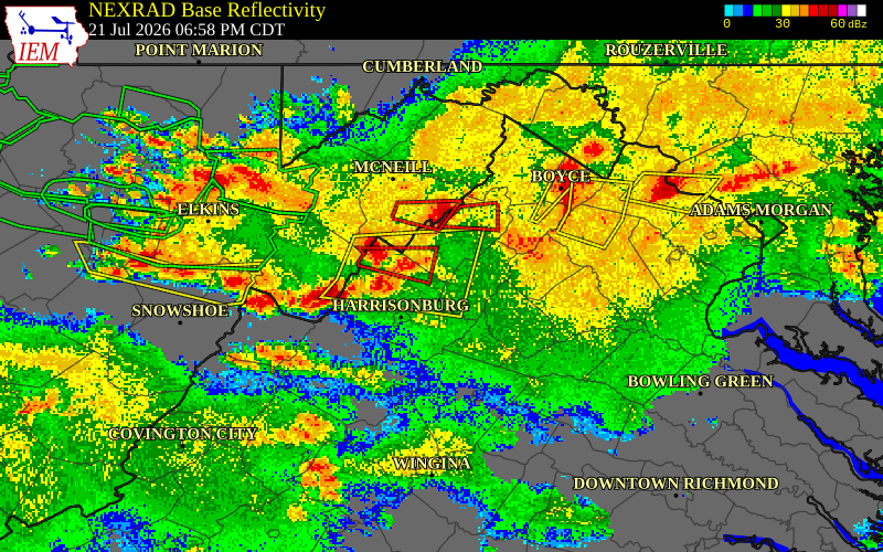 NEXRAD radar during the Tuesday, July 21, 2026 storm activity in Shenandoah County, Virginia
