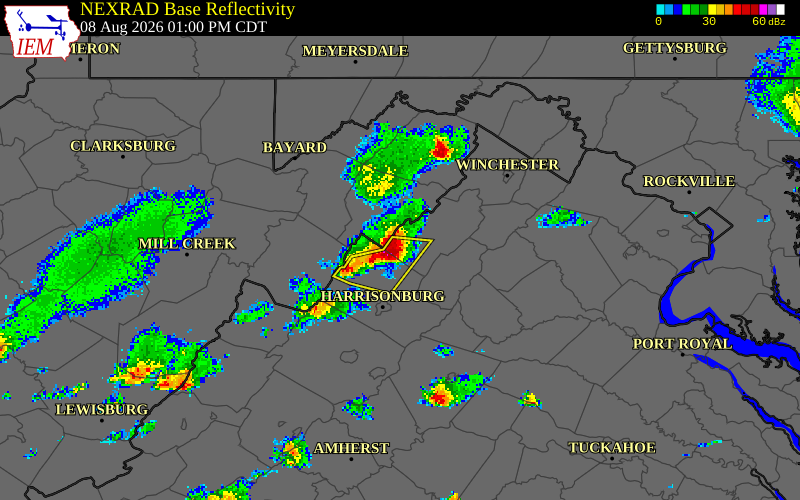 NEXRAD radar during the Saturday, August 8, 2026 storm activity in Shenandoah County, Virginia