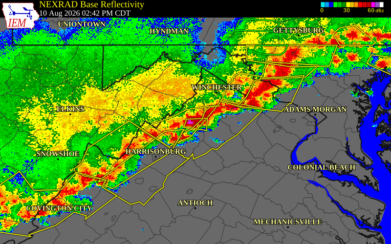 NEXRAD radar during the Monday, August 10, 2026 storm activity in Shenandoah County, Virginia