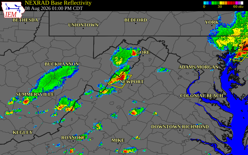 Radar snapshot during the Aug 8, 2026 wind event near 3 S Basye, Shenandoah County, Virginia, with NWS warning polygons