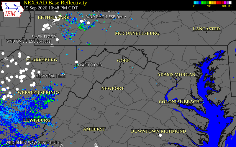 Current NEXRAD radar over Shenandoah County, Virginia with recent storm report locations