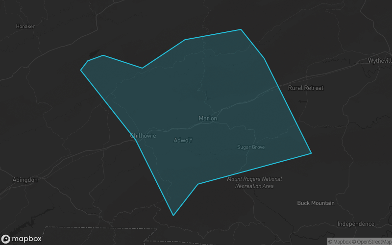 Map of Smyth County, Virginia showing the county boundary and surrounding cities