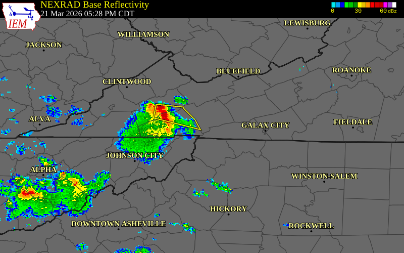 NEXRAD radar during the Saturday, March 21, 2026 storm activity in Smyth County, Virginia