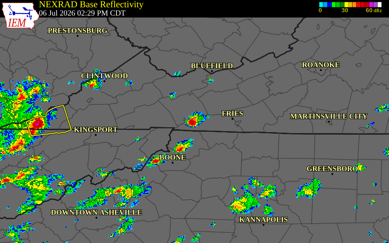 NEXRAD radar during the Monday, July 6, 2026 storm activity in Smyth County, Virginia