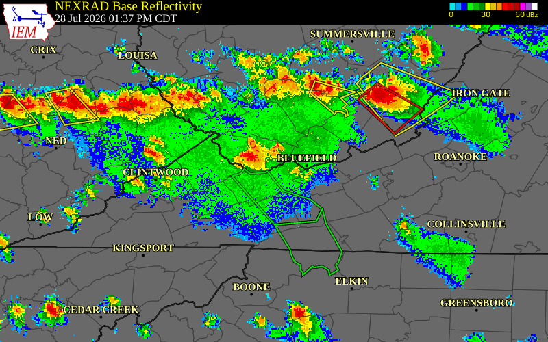 NEXRAD radar during the Tuesday, July 28, 2026 storm activity in Smyth County, Virginia