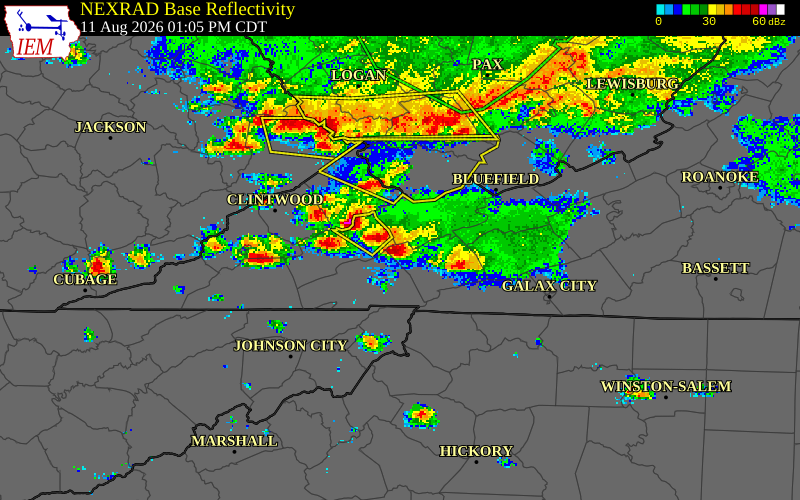 NEXRAD radar during the Tuesday, August 11, 2026 storm activity in Smyth County, Virginia