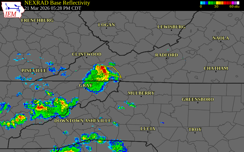 Radar snapshot during the Mar 21, 2026 wind event near Smyth County, Smyth County, Virginia, with NWS warning polygons