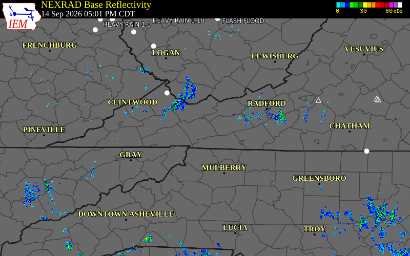 Current NEXRAD radar over Smyth County, Virginia with recent storm report locations