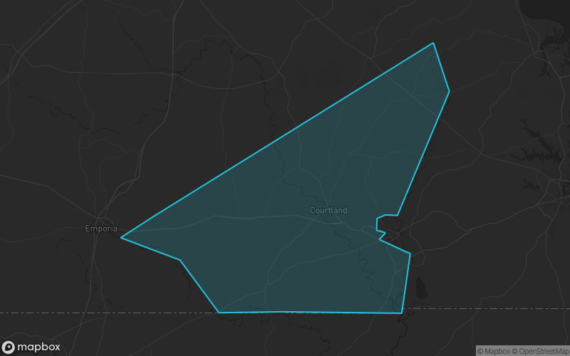 Map of Southampton County, Virginia showing the county boundary and surrounding cities