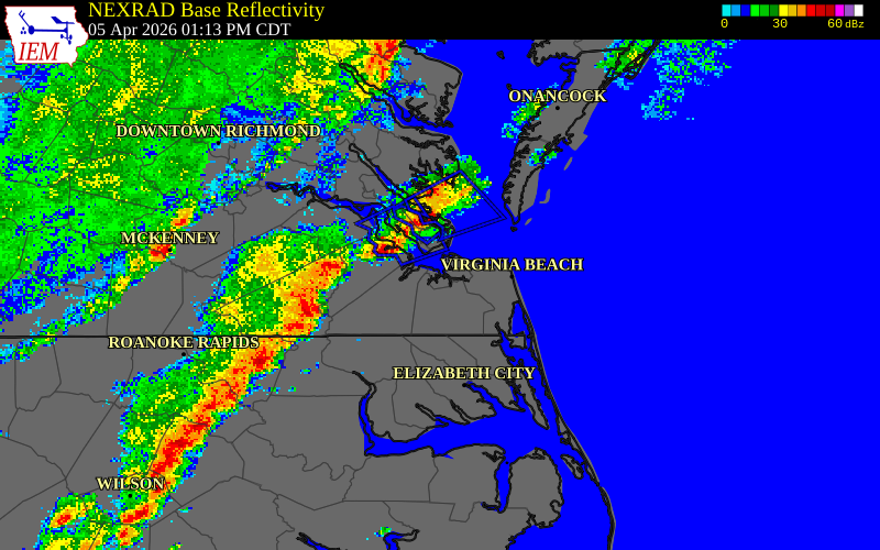 NEXRAD radar during the Sunday, April 5, 2026 storm activity in Southampton County, Virginia