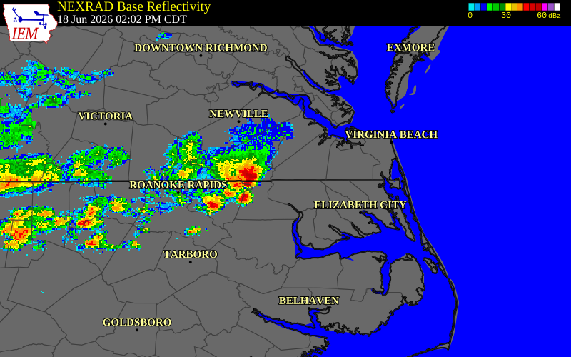 NEXRAD radar during the Thursday, June 18, 2026 storm activity in Southampton County, Virginia