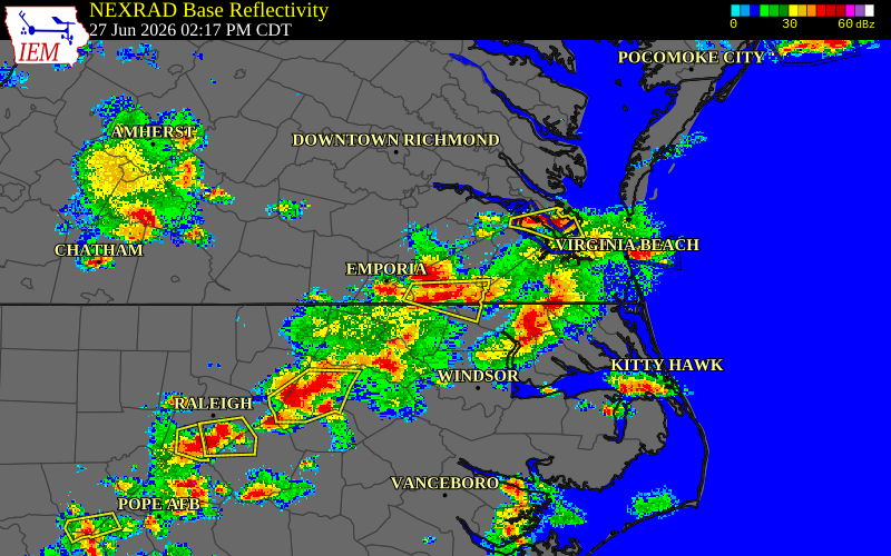 Radar snapshot during the Jun 27, 2026 wind event near Southampton County, Southampton County, Virginia, with NWS warning polygons