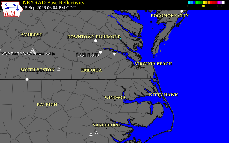 Current NEXRAD radar over Southampton County, Virginia with recent storm report locations