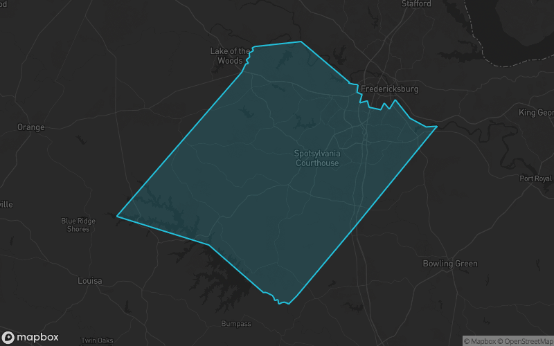 Map of Spotsylvania County, Virginia showing the county boundary and surrounding cities