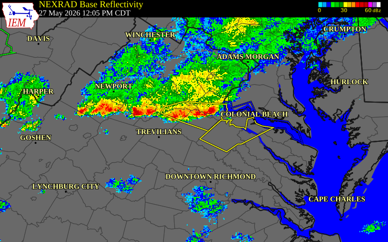 NEXRAD radar during the Wednesday, May 27, 2026 storm activity in Spotsylvania County, Virginia