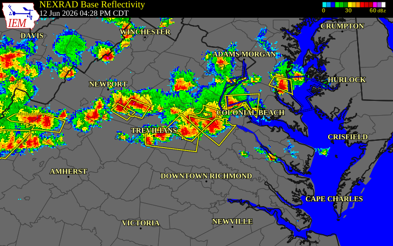 NEXRAD radar during the Friday, June 12, 2026 storm activity in Spotsylvania County, Virginia