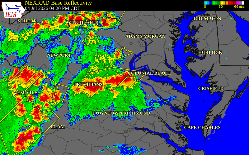 NEXRAD radar during the Saturday, July 4, 2026 storm activity in Spotsylvania County, Virginia
