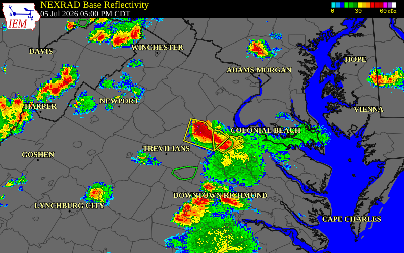 NEXRAD radar during the Sunday, July 5, 2026 storm activity in Spotsylvania County, Virginia