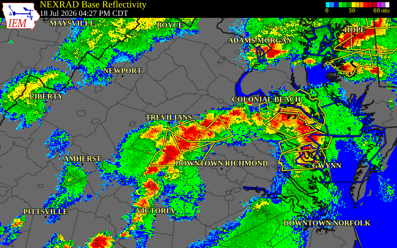 NEXRAD radar during the Saturday, July 18, 2026 storm activity in Spotsylvania County, Virginia