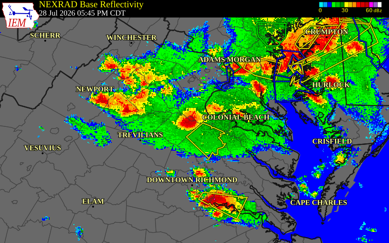 NEXRAD radar during the Tuesday, July 28, 2026 storm activity in Spotsylvania County, Virginia