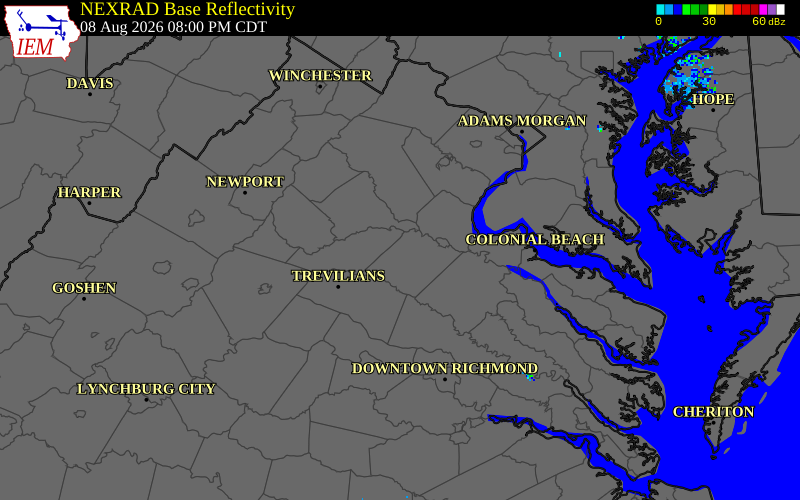 NEXRAD radar during the Saturday, August 8, 2026 storm activity in Spotsylvania County, Virginia