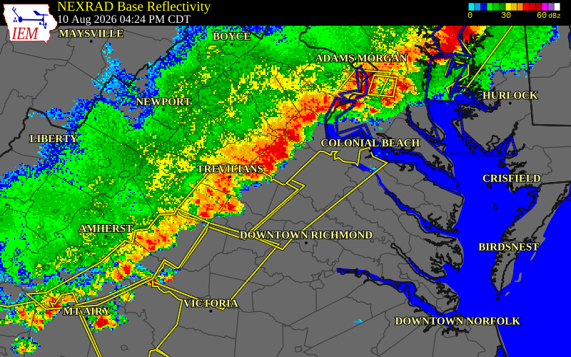 NEXRAD radar during the Monday, August 10, 2026 storm activity in Spotsylvania County, Virginia