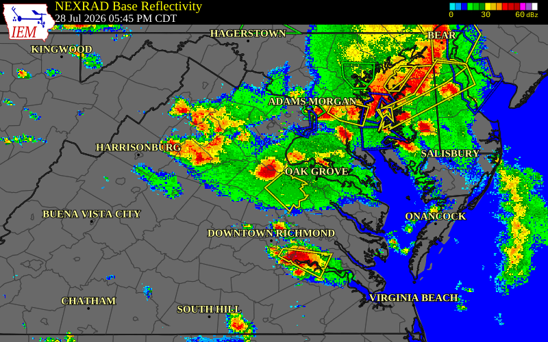 Radar snapshot during the Jul 28, 2026 wind event near Fredericksburg, Spotsylvania County, Virginia, with NWS warning polygons