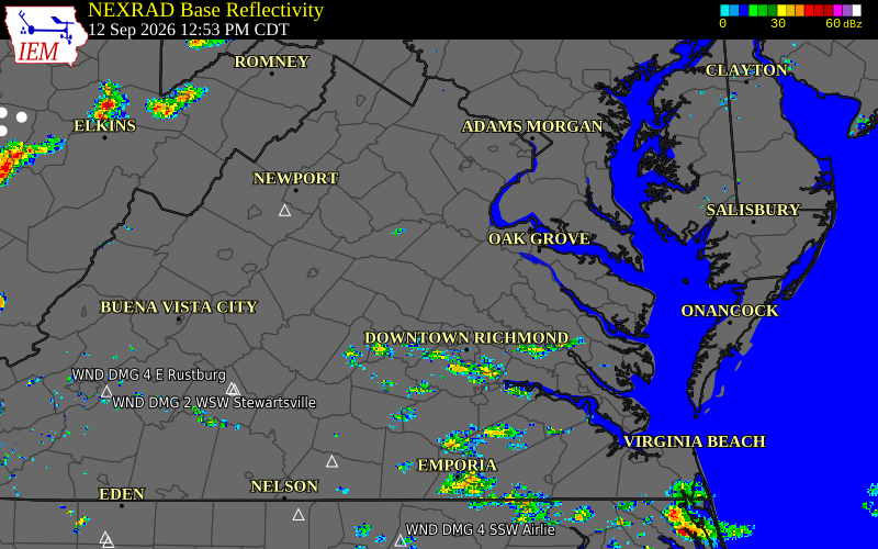 Current NEXRAD radar over Spotsylvania County, Virginia with recent storm report locations