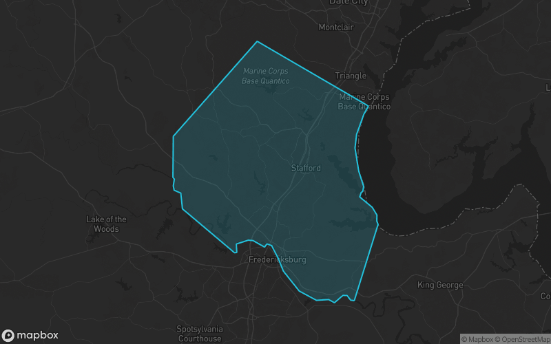 Map of Stafford County, Virginia showing the county boundary and surrounding cities
