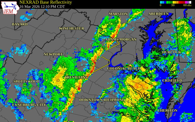 NEXRAD radar during the Monday, March 16, 2026 storm activity in Stafford County, Virginia