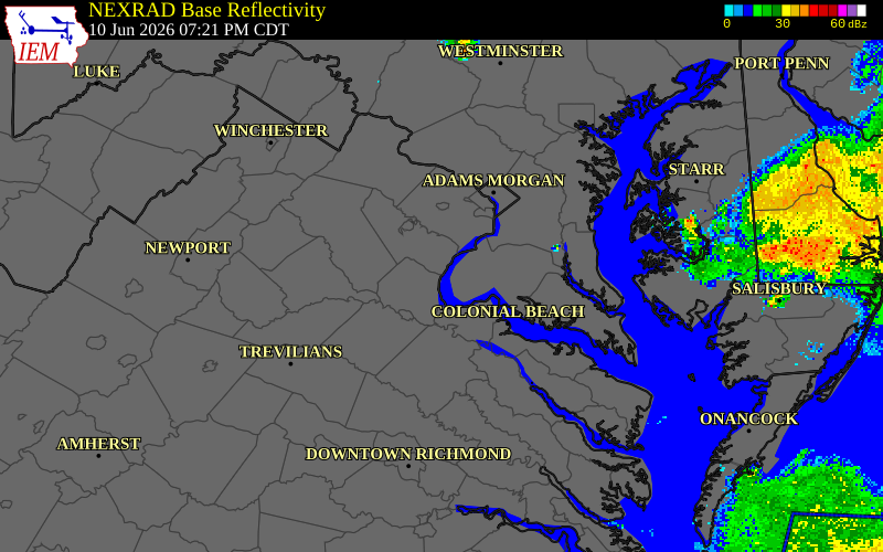 NEXRAD radar during the Wednesday, June 10, 2026 storm activity in Stafford County, Virginia