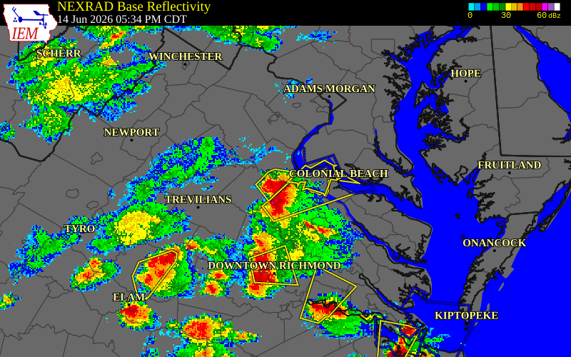 NEXRAD radar during the Sunday, June 14, 2026 storm activity in Stafford County, Virginia