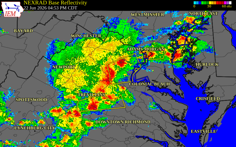 NEXRAD radar during the Monday, June 22, 2026 storm activity in Stafford County, Virginia