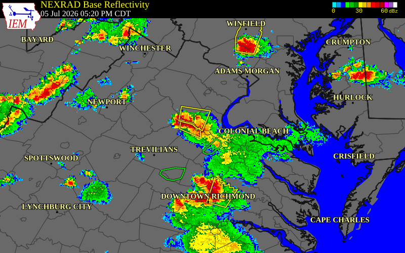 NEXRAD radar during the Sunday, July 5, 2026 storm activity in Stafford County, Virginia