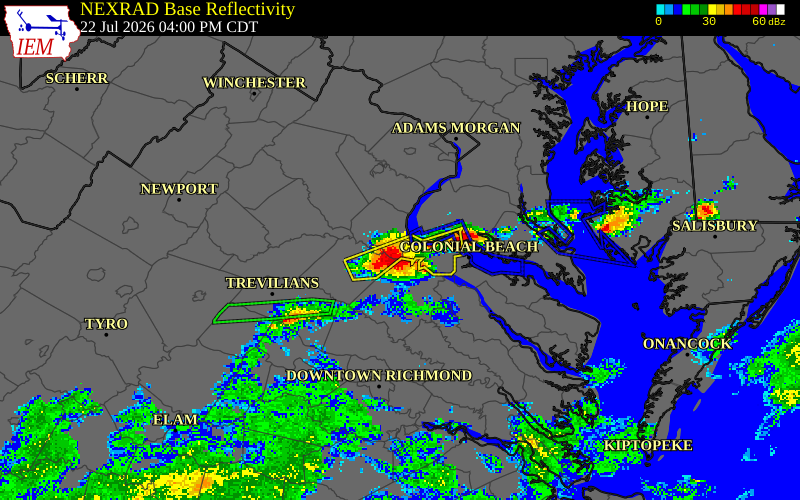 NEXRAD radar during the Wednesday, July 22, 2026 storm activity in Stafford County, Virginia