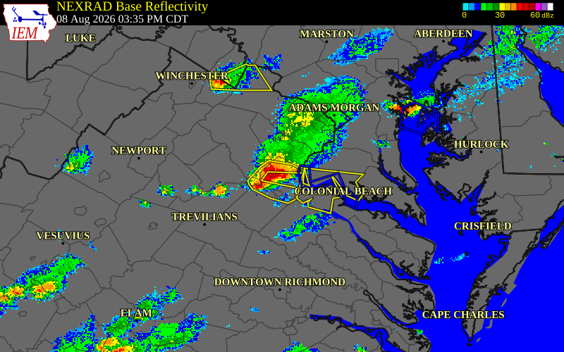 NEXRAD radar during the Saturday, August 8, 2026 storm activity in Stafford County, Virginia