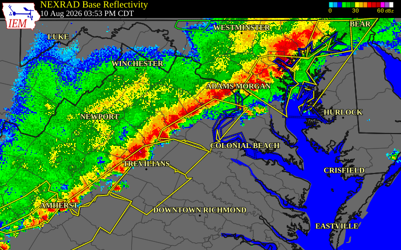 NEXRAD radar during the Monday, August 10, 2026 storm activity in Stafford County, Virginia