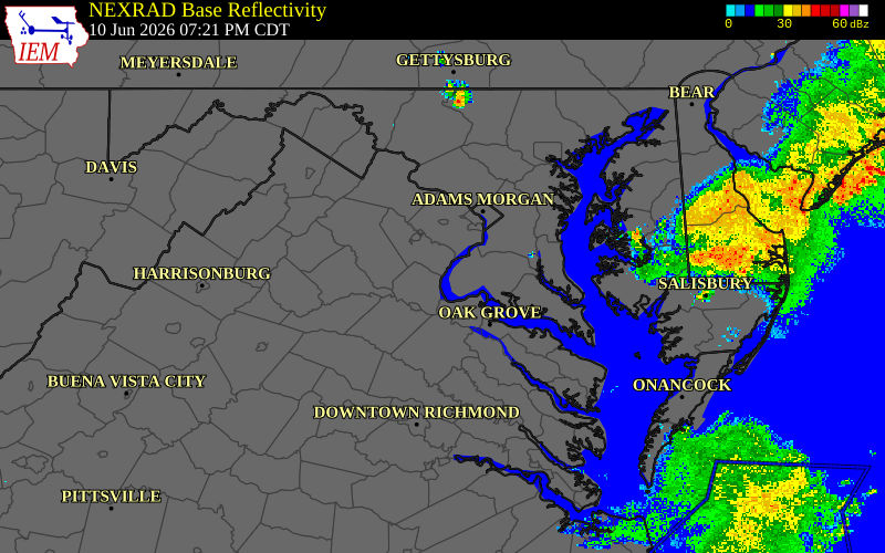 Radar snapshot during the Jun 10, 2026 wind event near 3 NNE Widewater, Stafford County, Virginia, with NWS warning polygons