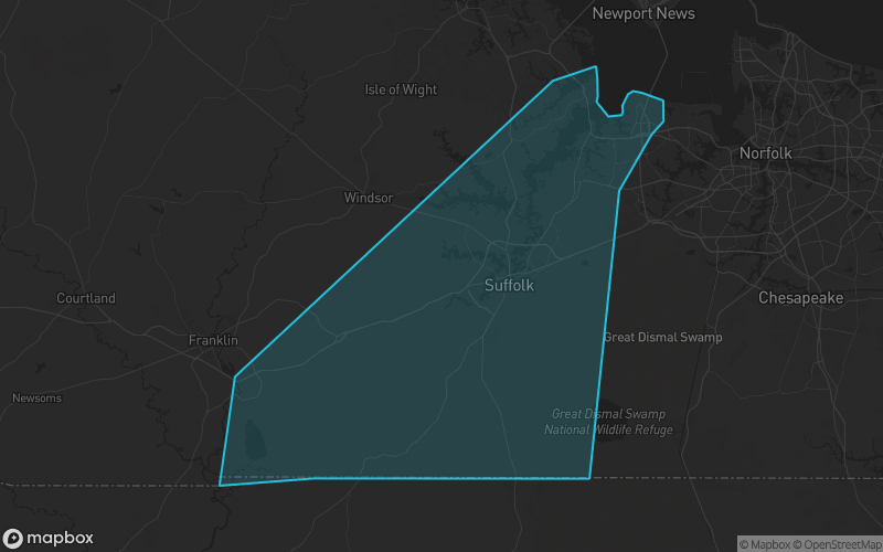 Map of Suffolk County, Virginia showing the county boundary and surrounding cities