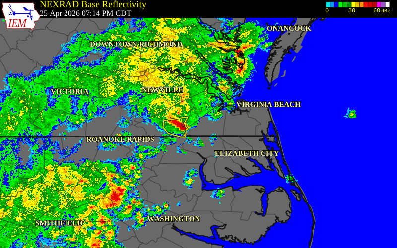 NEXRAD radar during the Saturday, April 25, 2026 storm activity in Suffolk County, Virginia